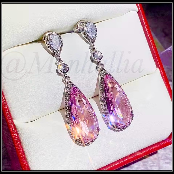 NEW WHITE GOLD PINK AMETHYST ORNATE DROP 3ct PEAR EARRINGS - Picture 3 of 4